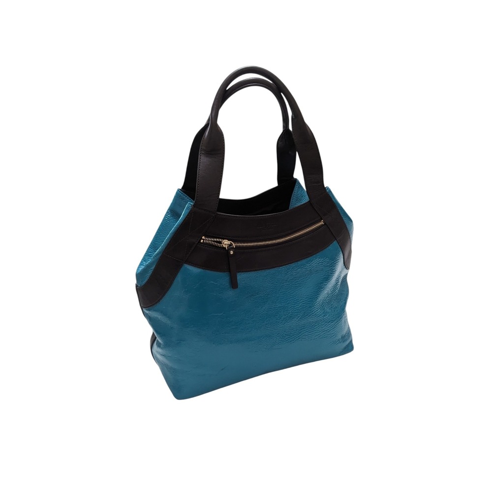 Kate Spade New York Teal Blue Crinkled Patent Leather‎ Brown Trim Tote Bag